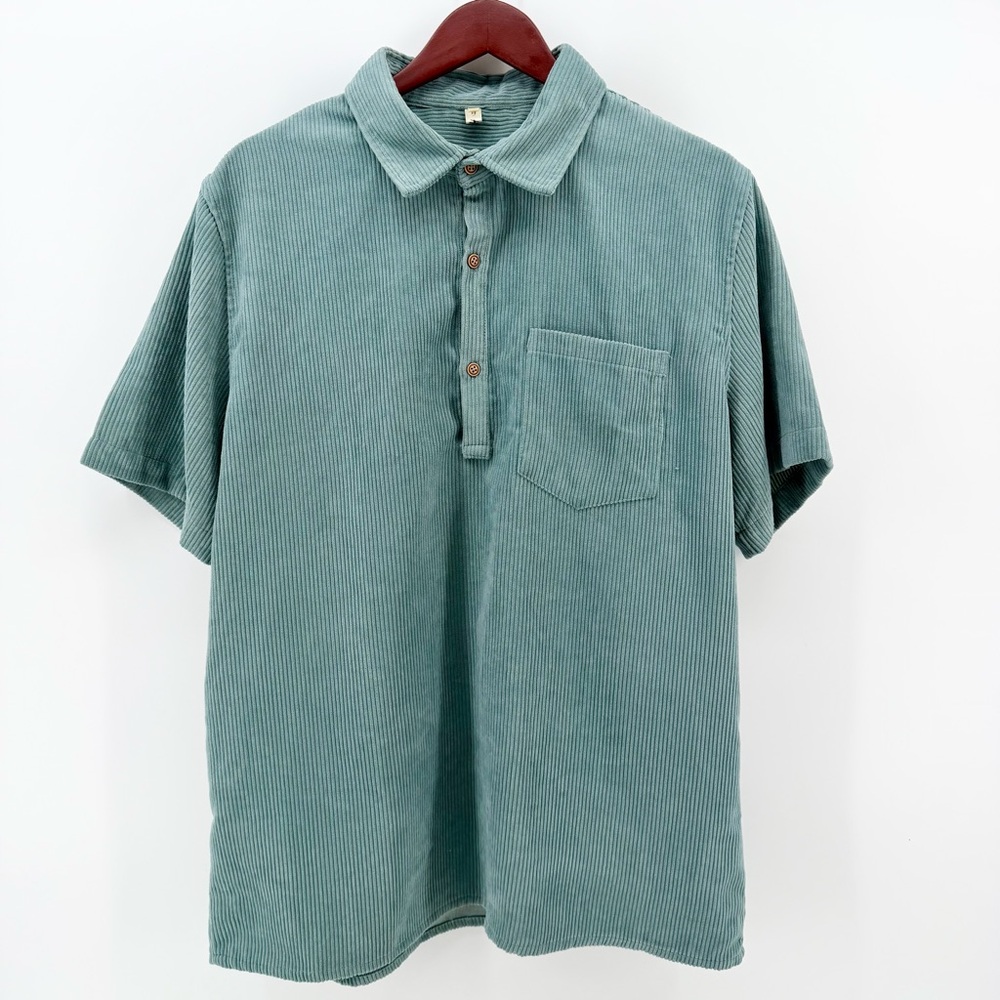 Hoooyi Men's Corduroy Polo Shirt Short Sleeve Sea Green Vintage Retro Casual L